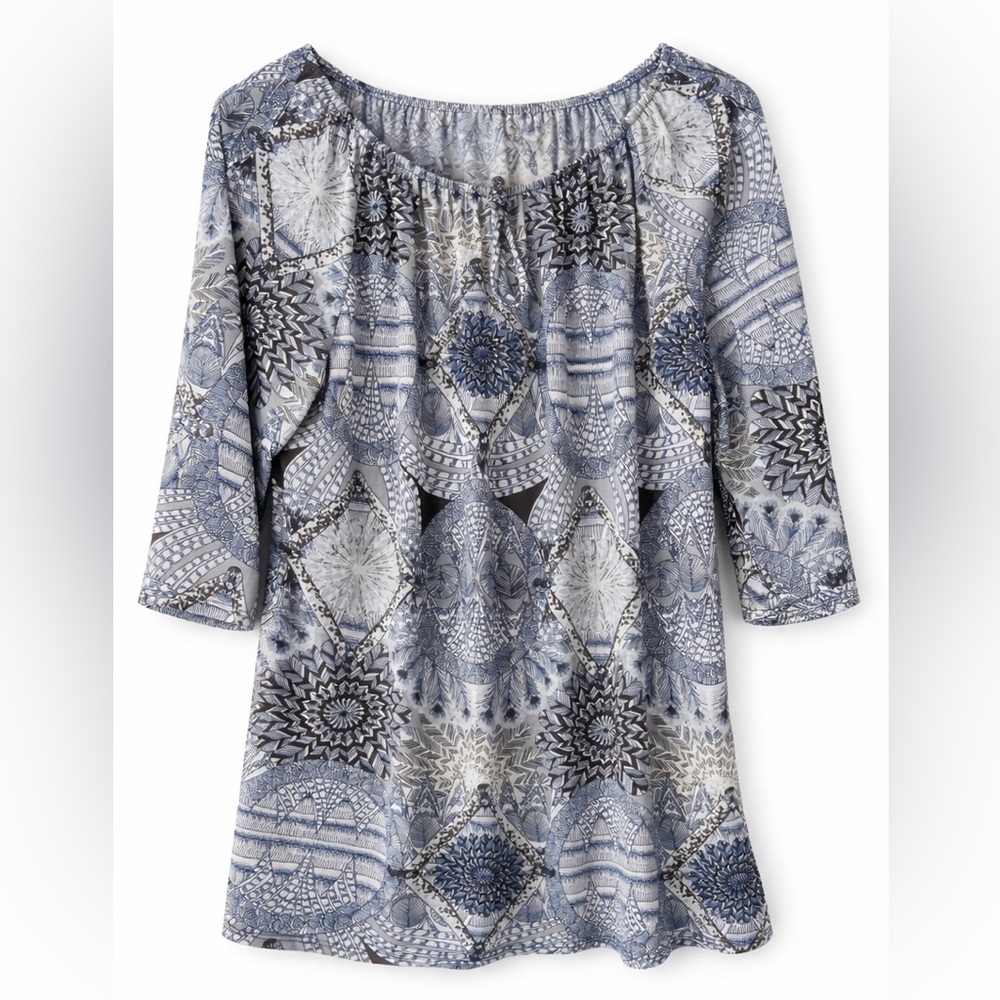 LAURA PETITES Blue & Neutral Boho Print Blouse Size Medium